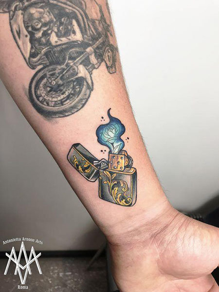 Zippo lighter tattoo art by Instagram user  ravilassi  ลายสก