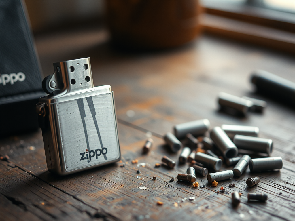 Bàn gỗ với chiếc Zippo và các viên đá lửa rải rác, minh họa cho chủ đề tại sao Zippo của tôi nhanh hết đá lửa