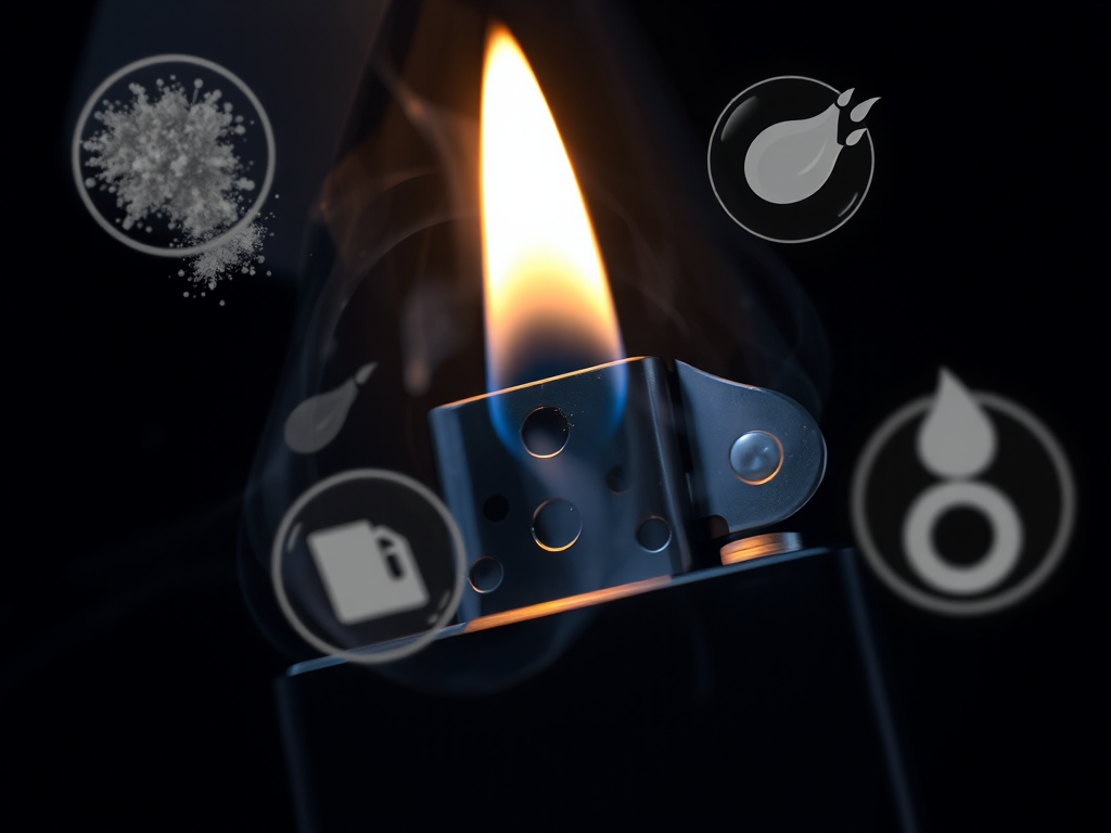 Hình ảnh minh họa nguyên nhân Zippo hết đá lửa nhanh: chiếc bật lửa Zippo với ngọn lửa nhỏ, các biểu tượng về bụi bẩn, giọt nhiên liệu và luồng gió xung quanh.