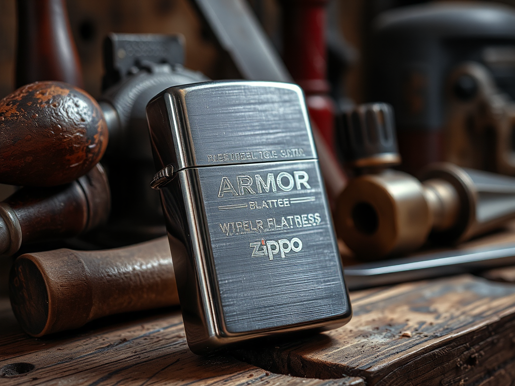 Zippo Armor có vỏ kim loại dày bền bỉ được đặt trên bàn gỗ cùng các dụng cụ cũ, phù hợp cho người mới chơi Zippo nên mua dòng nào bền nhất.